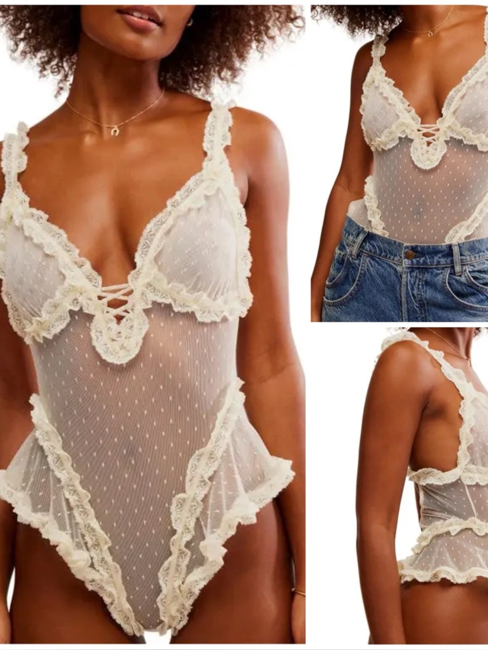 𝓯𝓹 Free People ~ Intimately Heart to Heart Ruffle Dotted Mesh Teddy
